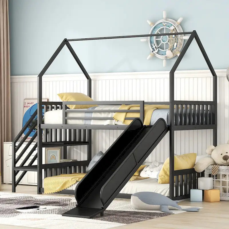 Silver/Black Twin over Twin Metal Bunk Bed with Slide & Staircase, House Shape, Sleeps 2