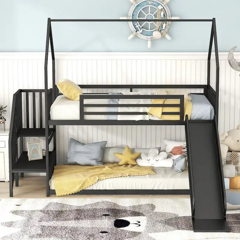 Silver/Black Twin over Twin Metal Bunk Bed with Slide & Staircase, House Shape, Sleeps 2