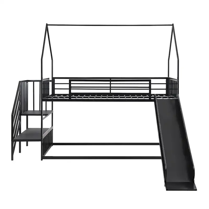 Silver/Black Twin over Twin Metal Bunk Bed with Slide & Staircase, House Shape, Sleeps 2