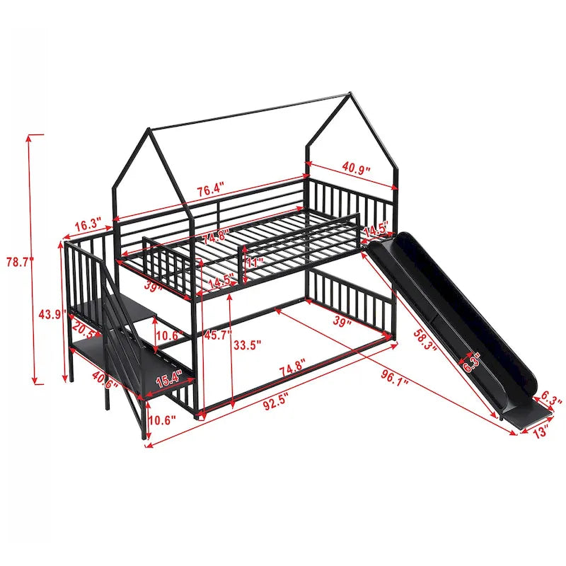 Silver/Black Twin over Twin Metal Bunk Bed with Slide & Staircase, House Shape, Sleeps 2
