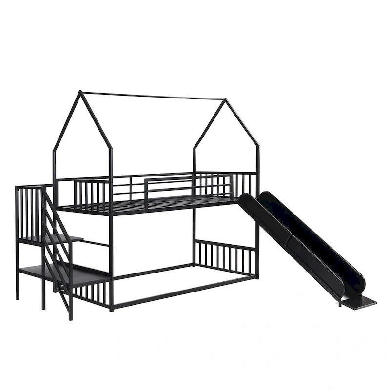 Silver/Black Twin over Twin Metal Bunk Bed with Slide & Staircase, House Shape, Sleeps 2