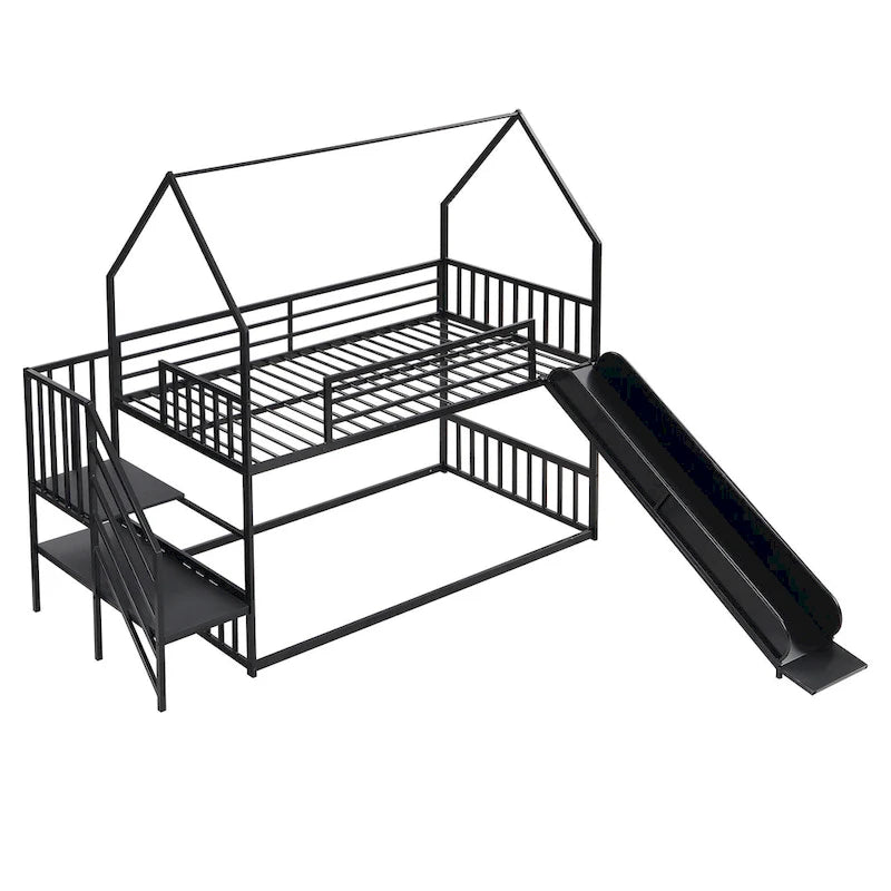 Silver/Black Twin over Twin Metal Bunk Bed with Slide & Staircase, House Shape, Sleeps 2