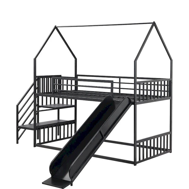 Silver/Black Twin over Twin Metal Bunk Bed with Slide & Staircase, House Shape, Sleeps 2