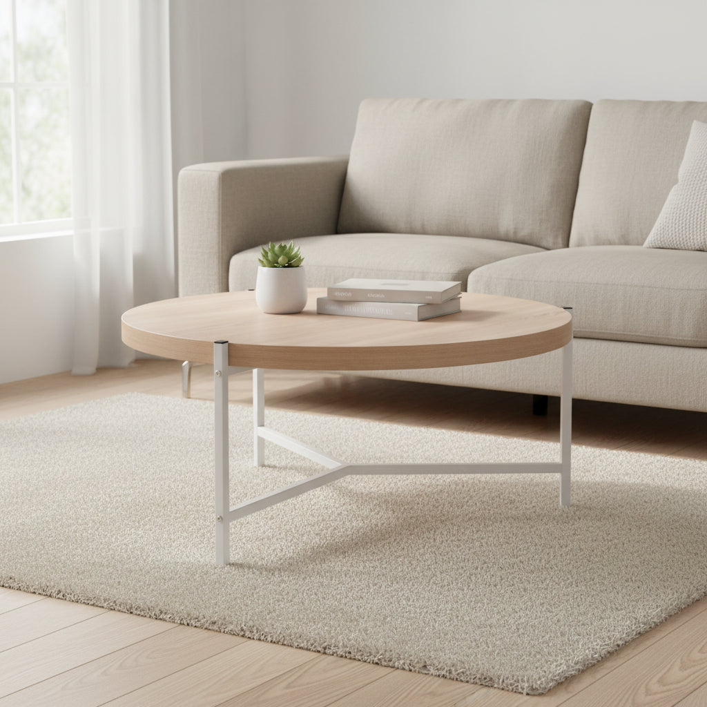 36.5 Modern Round Coffee Table with Wooden Top and Sleek Stainless-Steel Base for Living Room - 36.5L x 36.5W x 16.5H