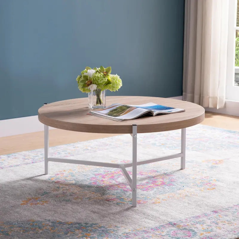 White-Silver Round Coffee Table, Contemporary, 1-Person, 36.5"