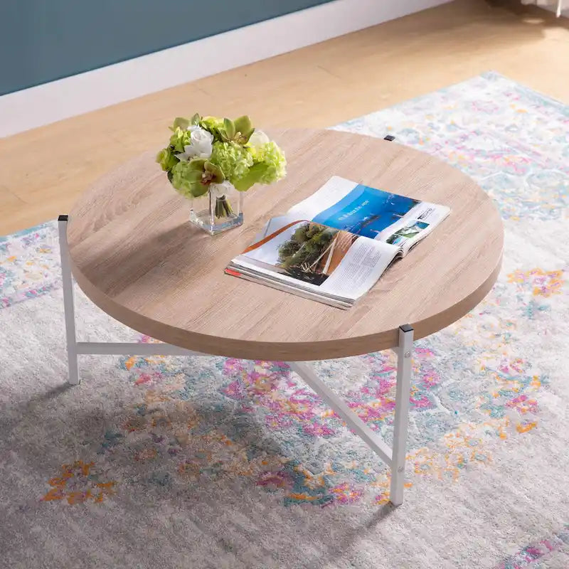White-Silver Round Coffee Table, Contemporary, 1-Person, 36.5"