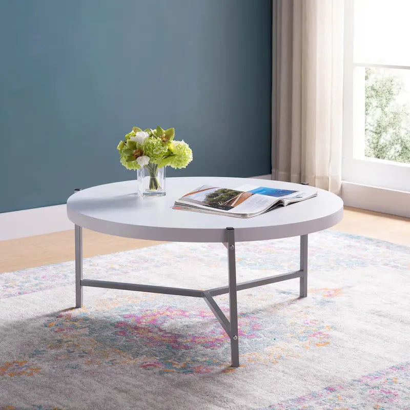 White-Silver Round Coffee Table, Contemporary, 1-Person, 36.5"