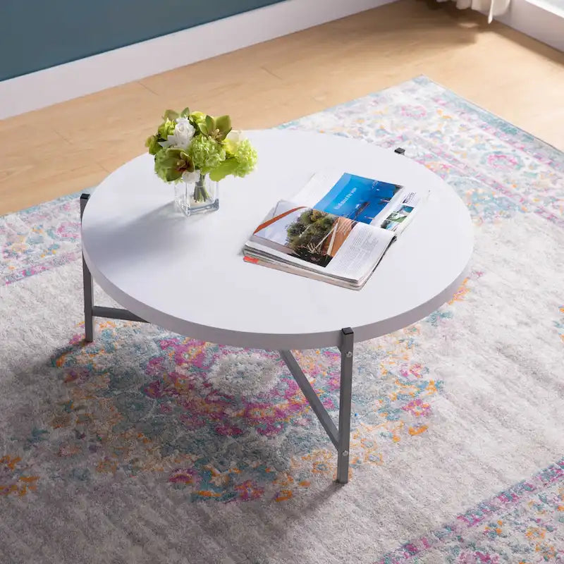 White-Silver Round Coffee Table, Contemporary, 1-Person, 36.5"