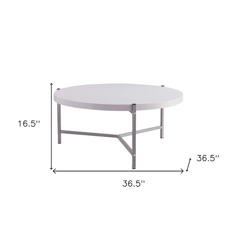 White-Silver Round Coffee Table, Contemporary, 1-Person, 36.5"