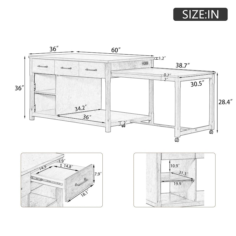 Gray Extendable Kitchen Island with Storage, Drawers & Power Outlet, 1-Person