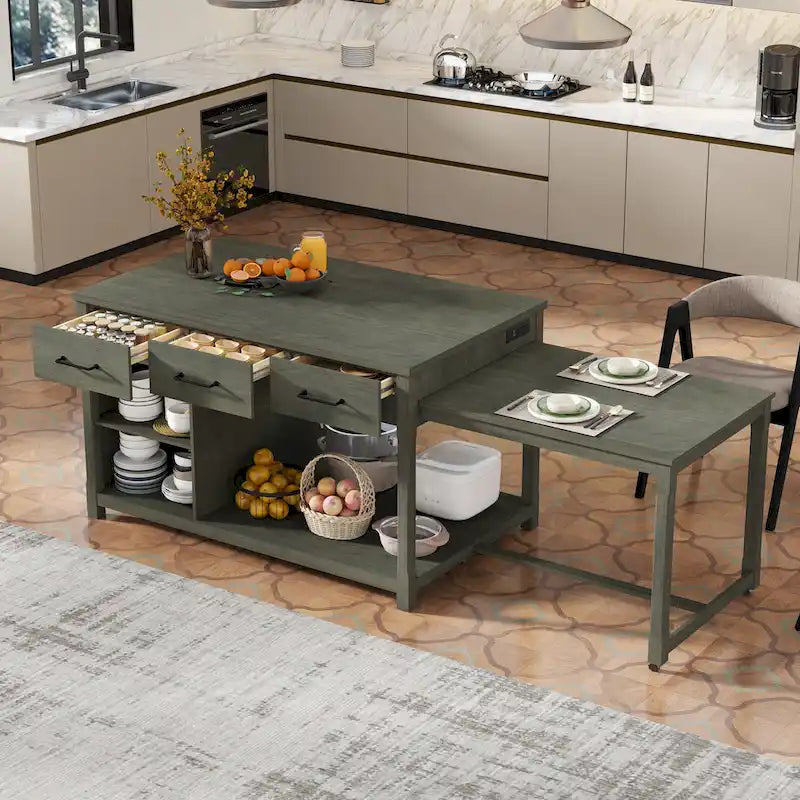 Gray Extendable Kitchen Island with Storage, Drawers & Power Outlet, 1-Person