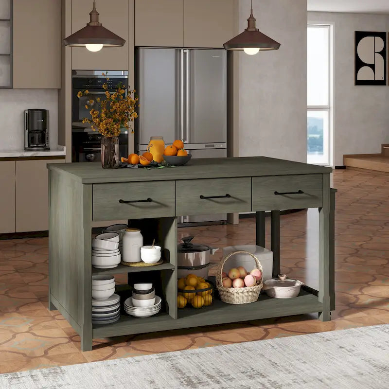 Gray Extendable Kitchen Island with Storage, Drawers & Power Outlet, 1-Person