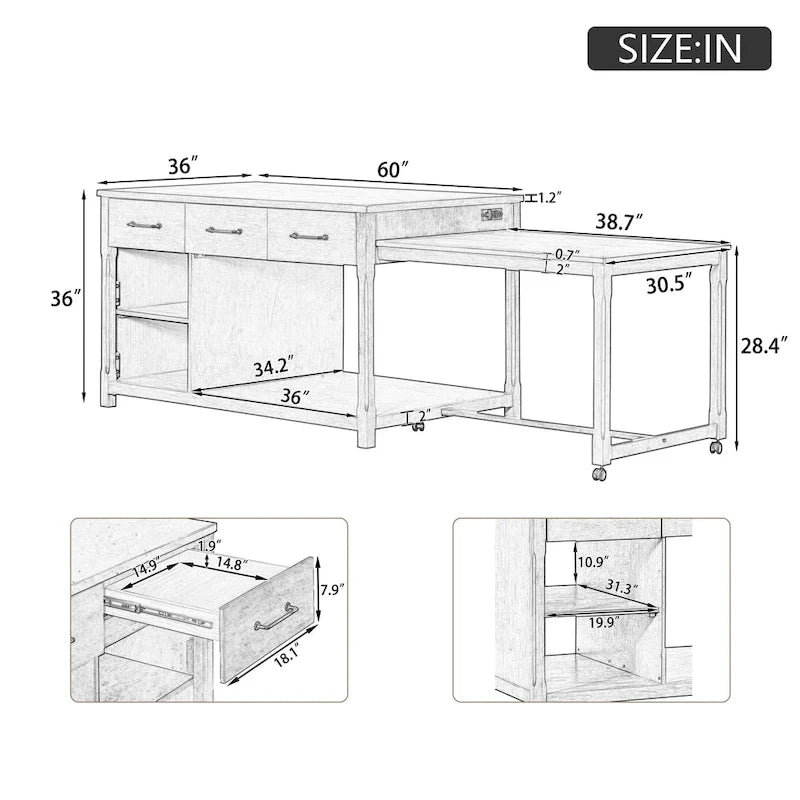 Gray Extendable Kitchen Island with Storage, Drawers & Power Outlet, 1-Person