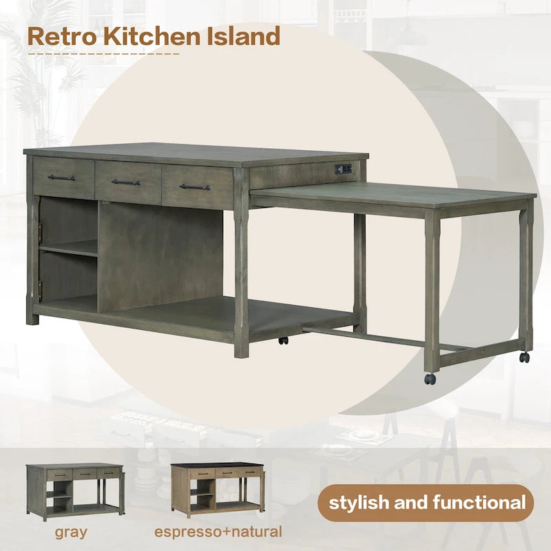 Gray Extendable Kitchen Island with Storage, Drawers & Power Outlet, 1-Person