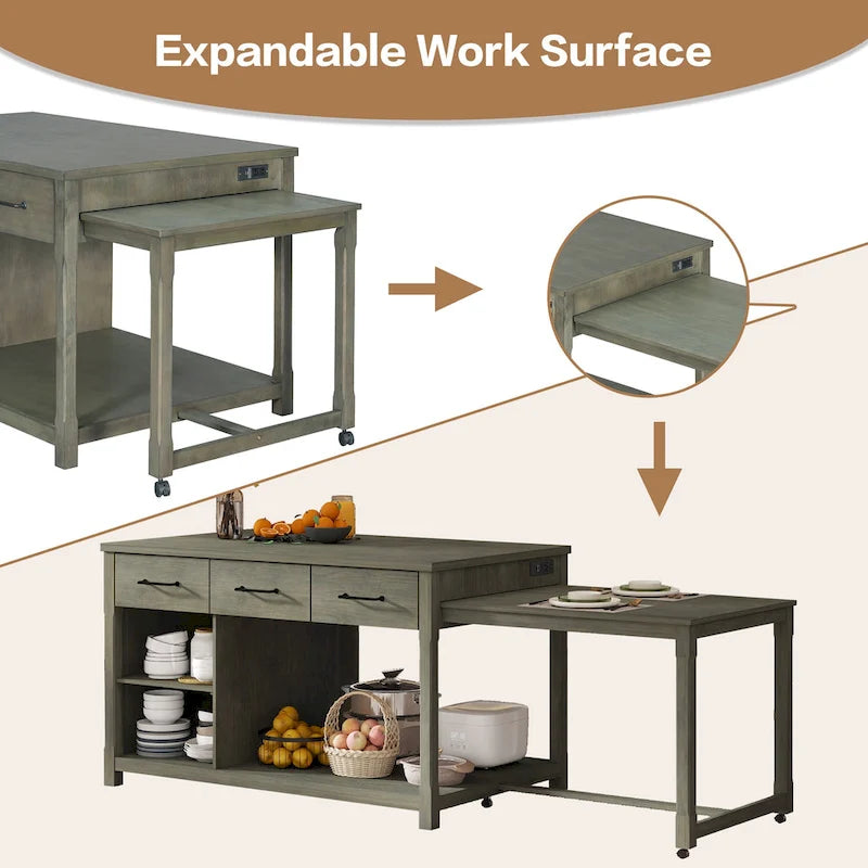 Gray Extendable Kitchen Island with Storage, Drawers & Power Outlet, 1-Person