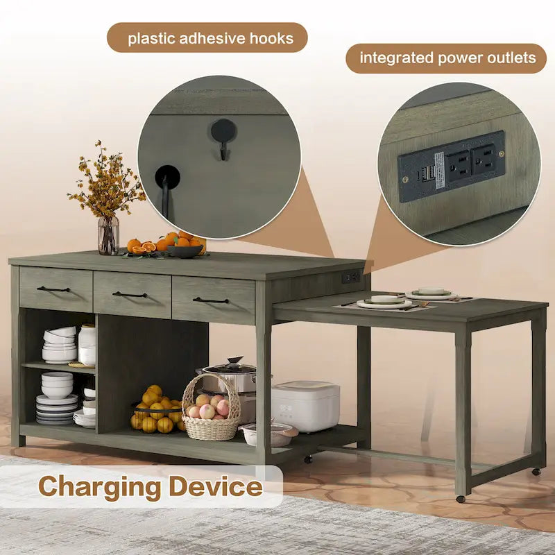 Gray Extendable Kitchen Island with Storage, Drawers & Power Outlet, 1-Person