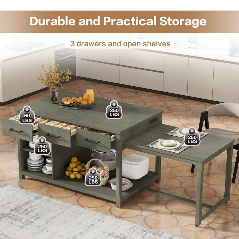 Gray Extendable Kitchen Island with Storage, Drawers & Power Outlet, 1-Person