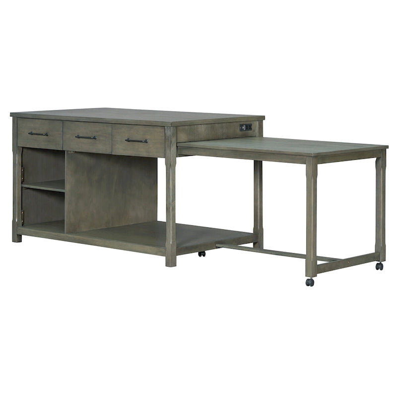 Gray Extendable Kitchen Island with Storage, Drawers & Power Outlet, 1-Person