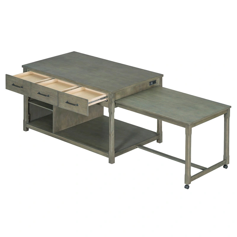 Gray Extendable Kitchen Island with Storage, Drawers & Power Outlet, 1-Person