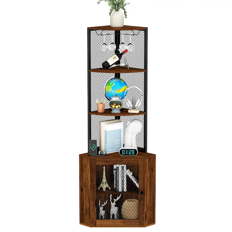 Corner Shelf with Doors, 65 Corner Cabinet with Shelves & Wine Glass Rack, 6 Tier Bookshelf Display Corner Shelves