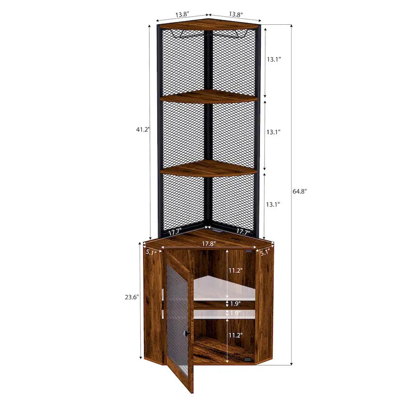Corner Shelf with Doors, 65 Corner Cabinet with Shelves & Wine Glass Rack, 6 Tier Bookshelf Display Corner Shelves