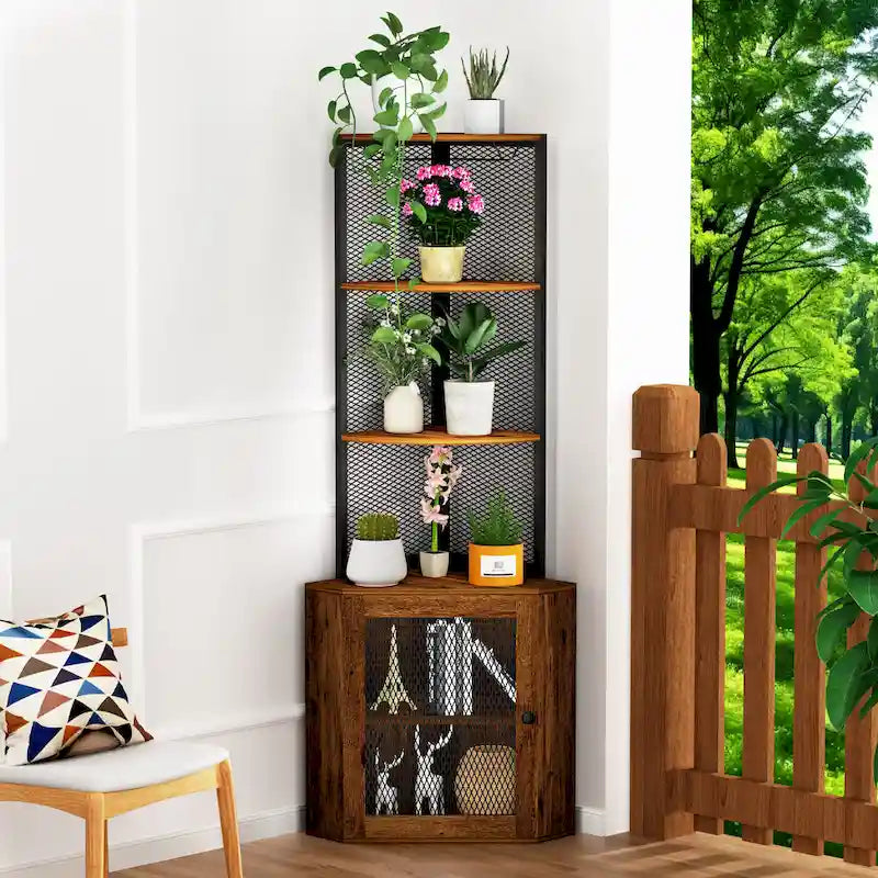Rustic Brown Corner Cabinet with Doors, 6-Tier, 1-Person Assembly