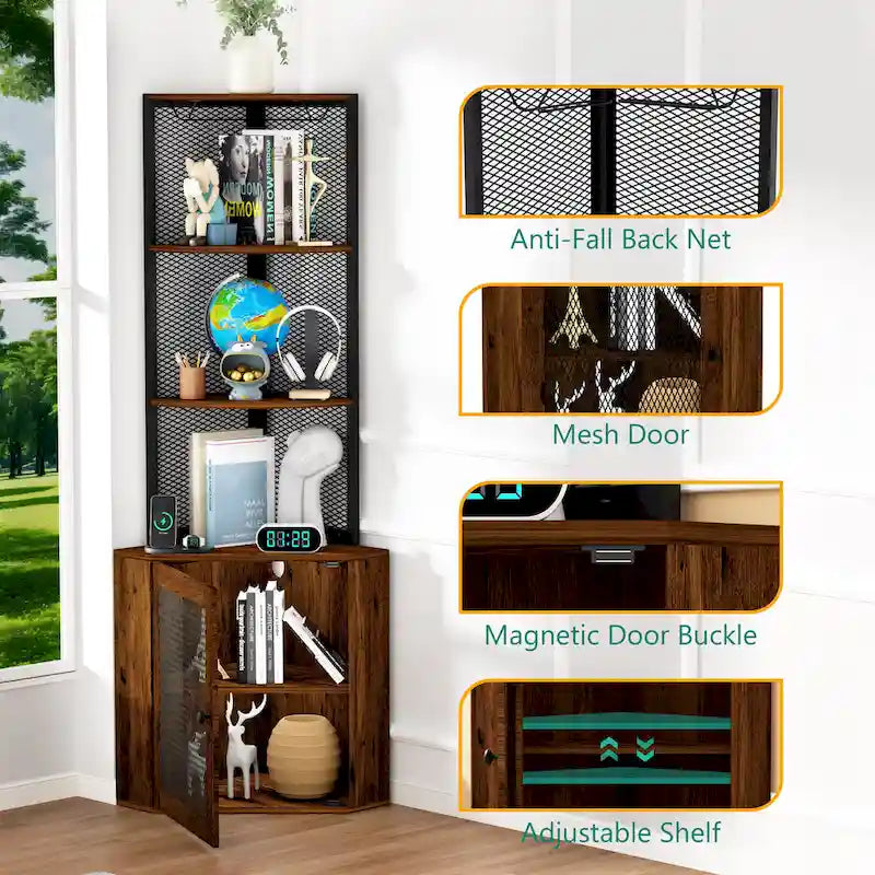 Rustic Brown Corner Cabinet with Doors, 6-Tier, 1-Person Assembly