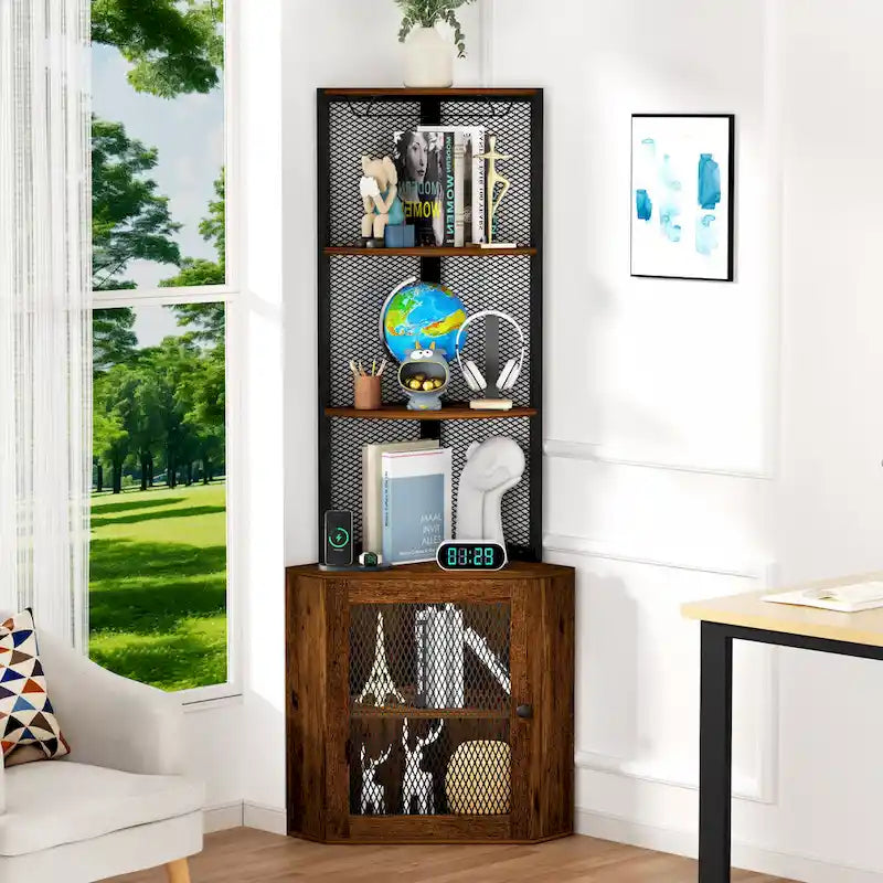 Rustic Brown Corner Cabinet with Doors, 6-Tier, 1-Person Assembly