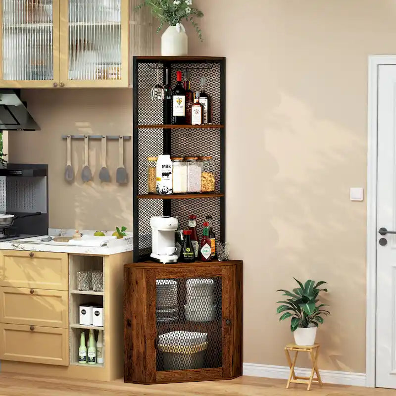 Rustic Brown Corner Cabinet with Doors, 6-Tier, 1-Person Assembly