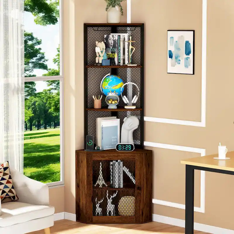 Rustic Brown Corner Cabinet with Doors, 6-Tier, 1-Person Assembly