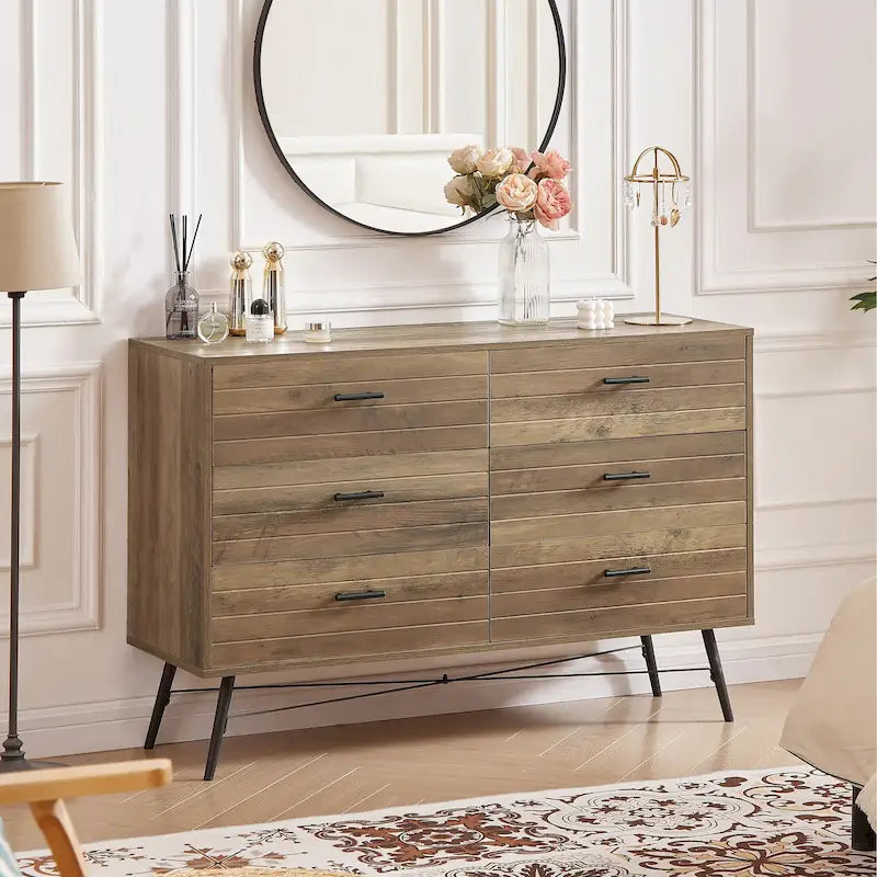 Walnut Brown / White + Light Oak 6-Drawer Dresser TV Stand, 1-Person