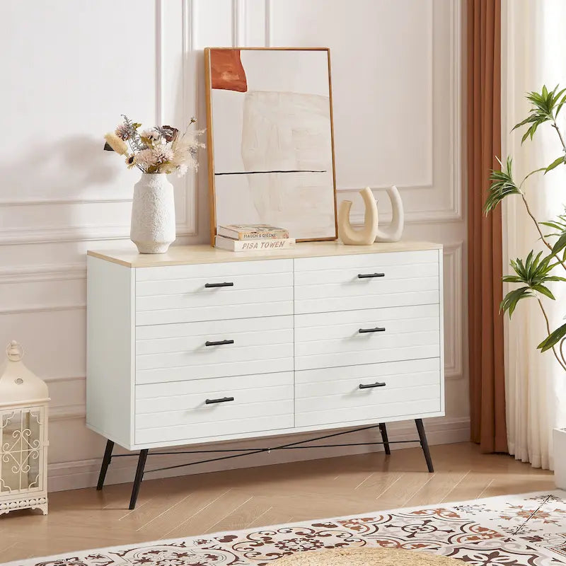 Walnut Brown / White + Light Oak 6-Drawer Dresser TV Stand, 1-Person