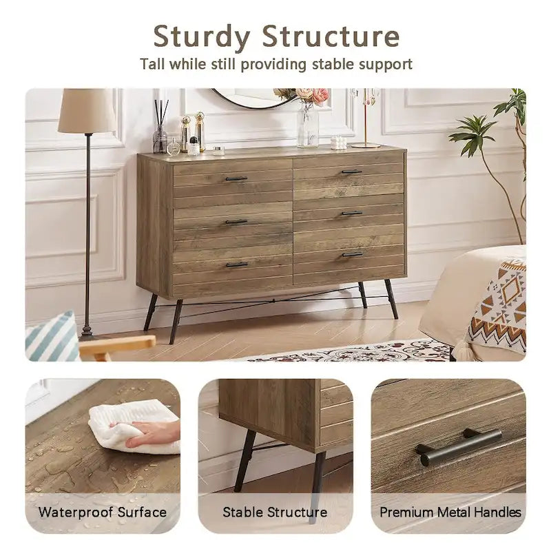 Walnut Brown / White + Light Oak 6-Drawer Dresser TV Stand, 1-Person