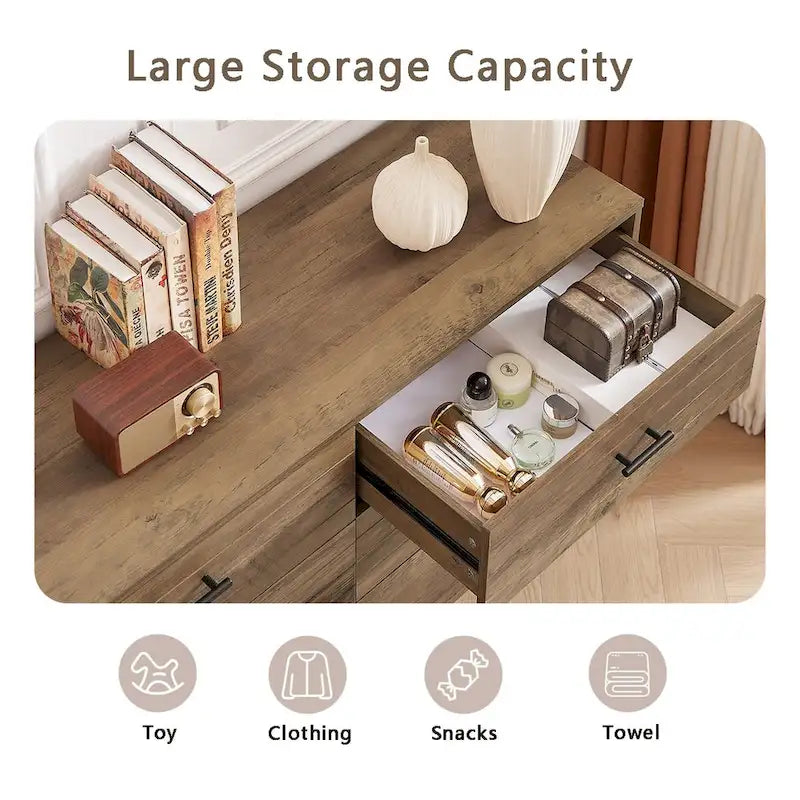 Walnut Brown / White + Light Oak 6-Drawer Dresser TV Stand, 1-Person