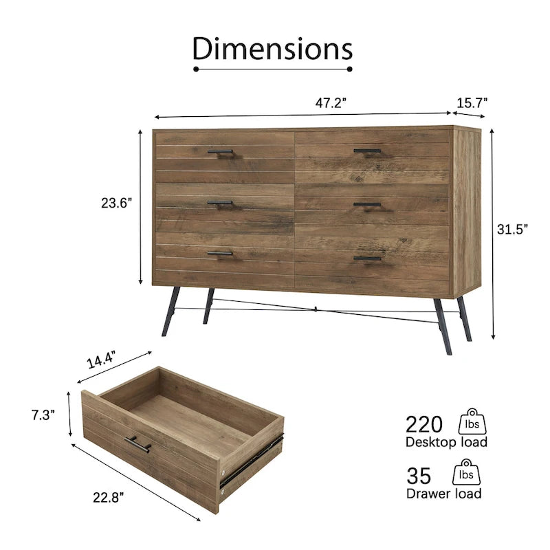 Walnut Brown / White + Light Oak 6-Drawer Dresser TV Stand, 1-Person