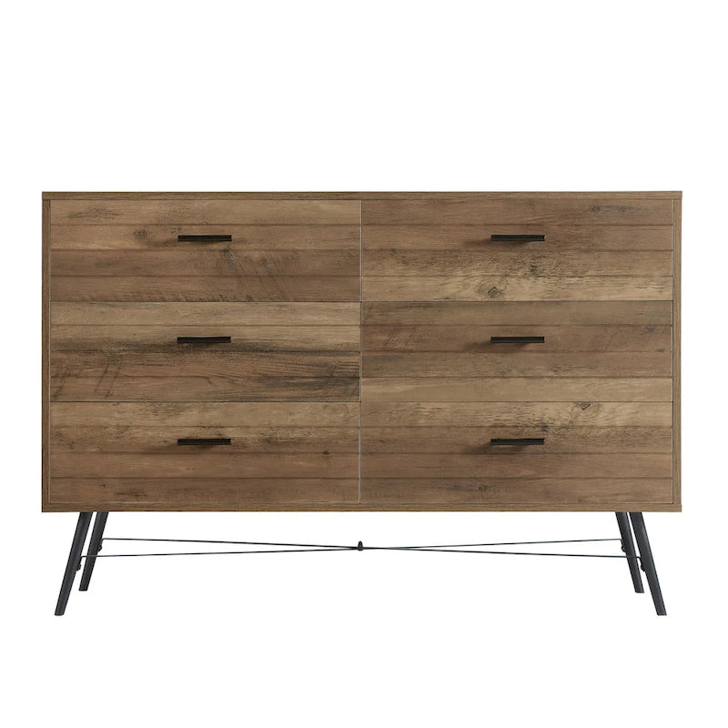 Walnut Brown / White + Light Oak 6-Drawer Dresser TV Stand, 1-Person