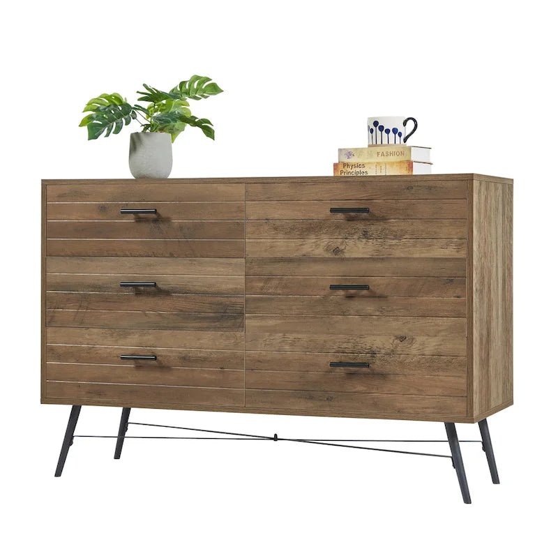 Walnut Brown / White + Light Oak 6-Drawer Dresser TV Stand, 1-Person