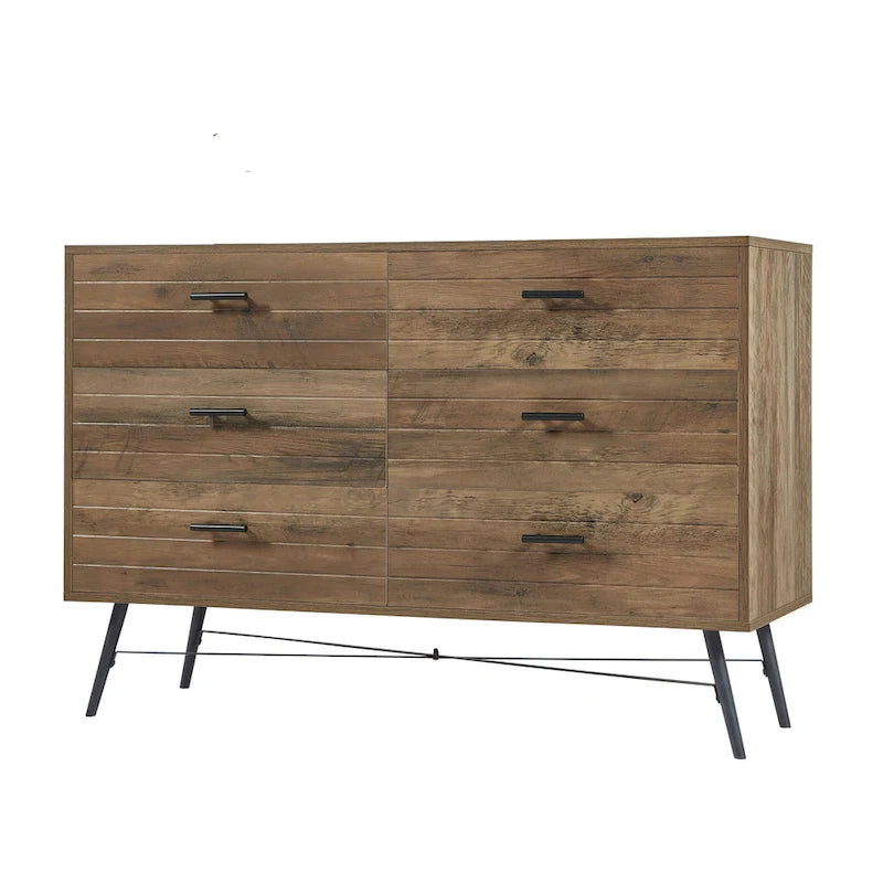 Walnut Brown / White + Light Oak 6-Drawer Dresser TV Stand, 1-Person