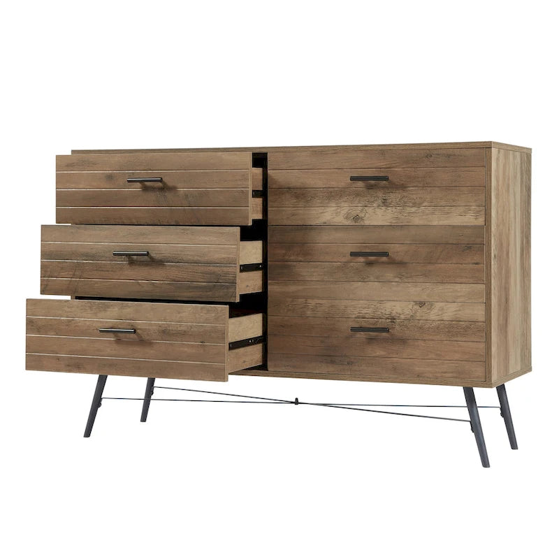 Walnut Brown / White + Light Oak 6-Drawer Dresser TV Stand, 1-Person