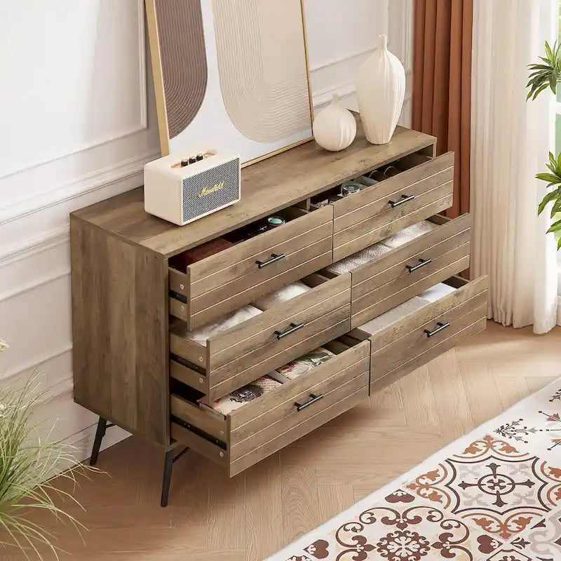 Walnut Brown / White + Light Oak 6-Drawer Dresser TV Stand, 1-Person