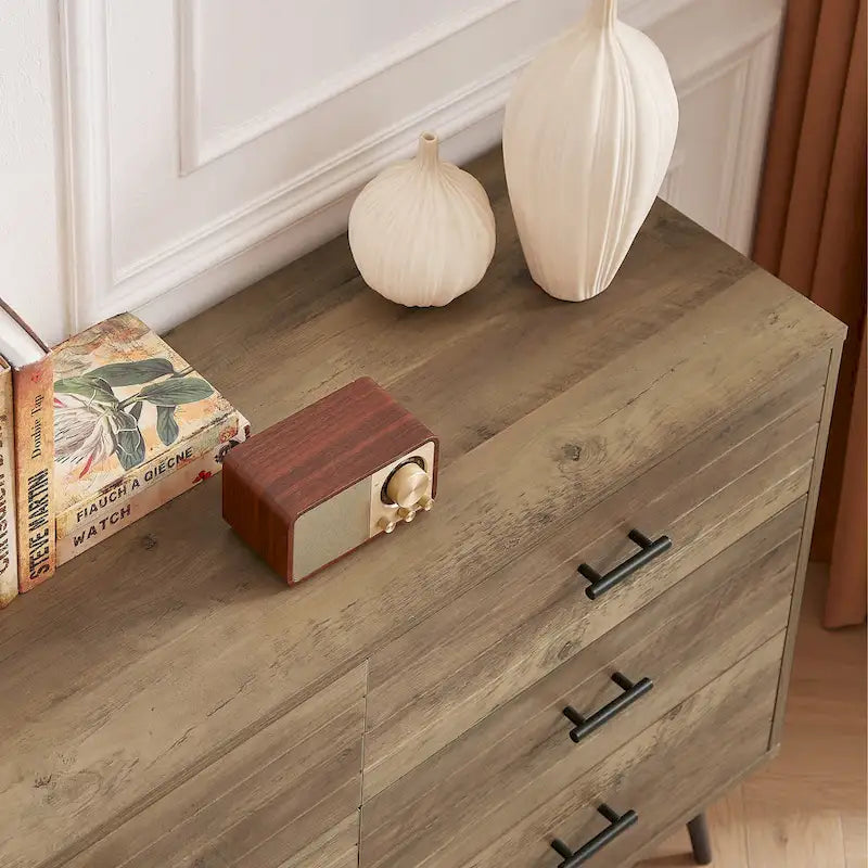 Walnut Brown / White + Light Oak 6-Drawer Dresser TV Stand, 1-Person