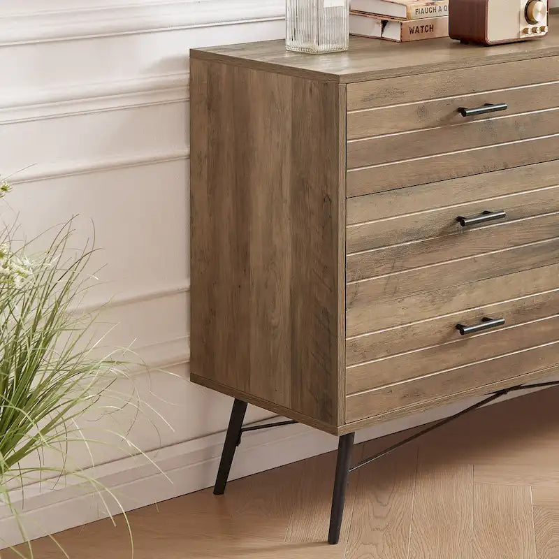 Walnut Brown / White + Light Oak 6-Drawer Dresser TV Stand, 1-Person