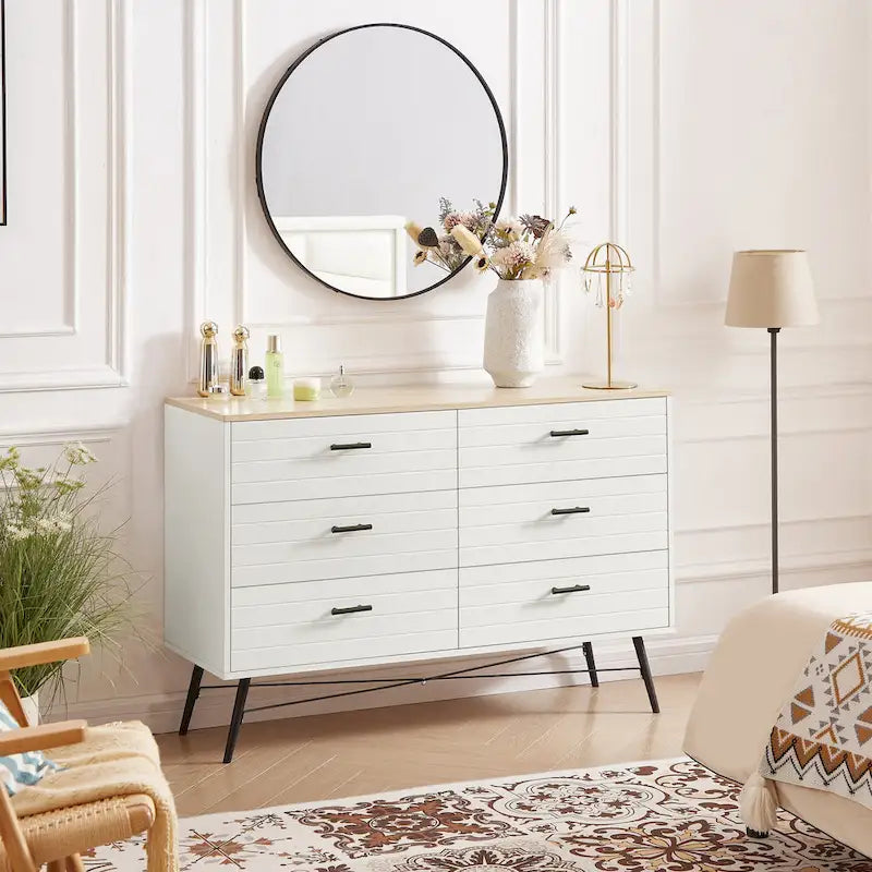 Walnut Brown / White + Light Oak 6-Drawer Dresser TV Stand, 1-Person