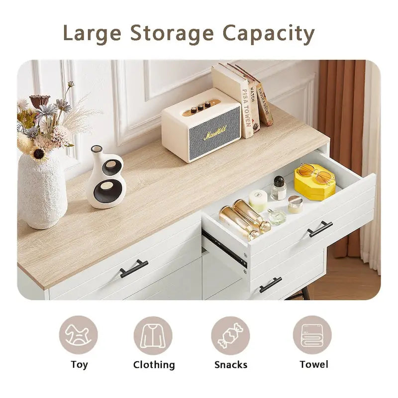 Walnut Brown / White + Light Oak 6-Drawer Dresser TV Stand, 1-Person