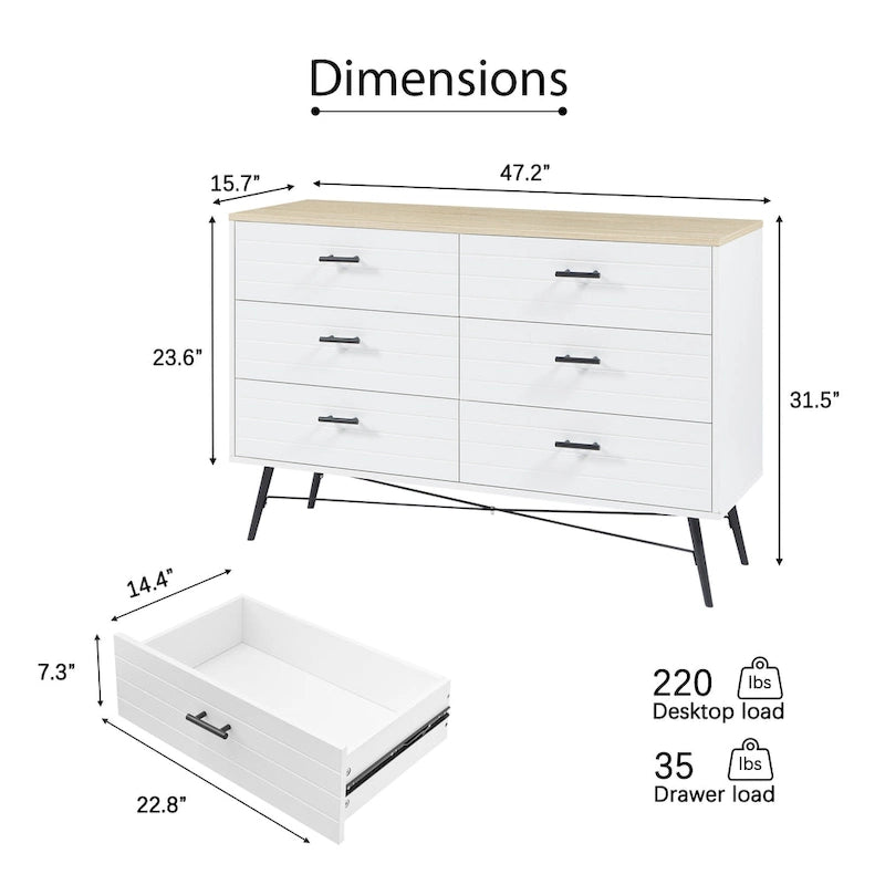 Walnut Brown / White + Light Oak 6-Drawer Dresser TV Stand, 1-Person