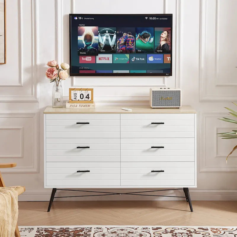 Walnut Brown / White + Light Oak 6-Drawer Dresser TV Stand, 1-Person
