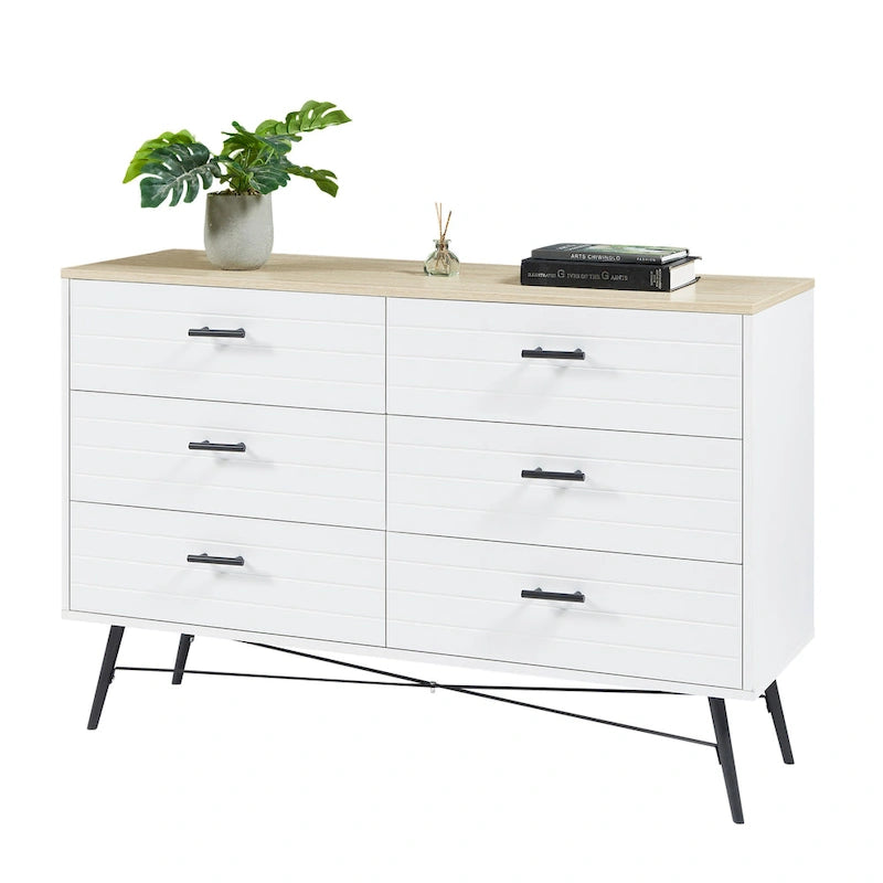 Walnut Brown / White + Light Oak 6-Drawer Dresser TV Stand, 1-Person