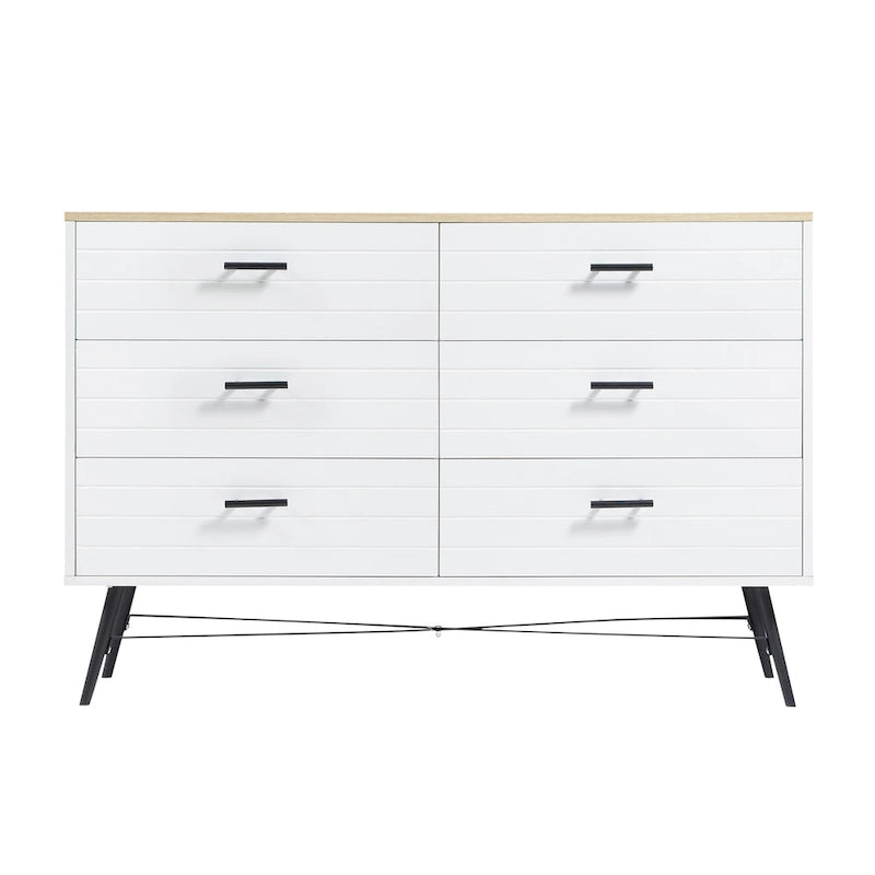Walnut Brown / White + Light Oak 6-Drawer Dresser TV Stand, 1-Person
