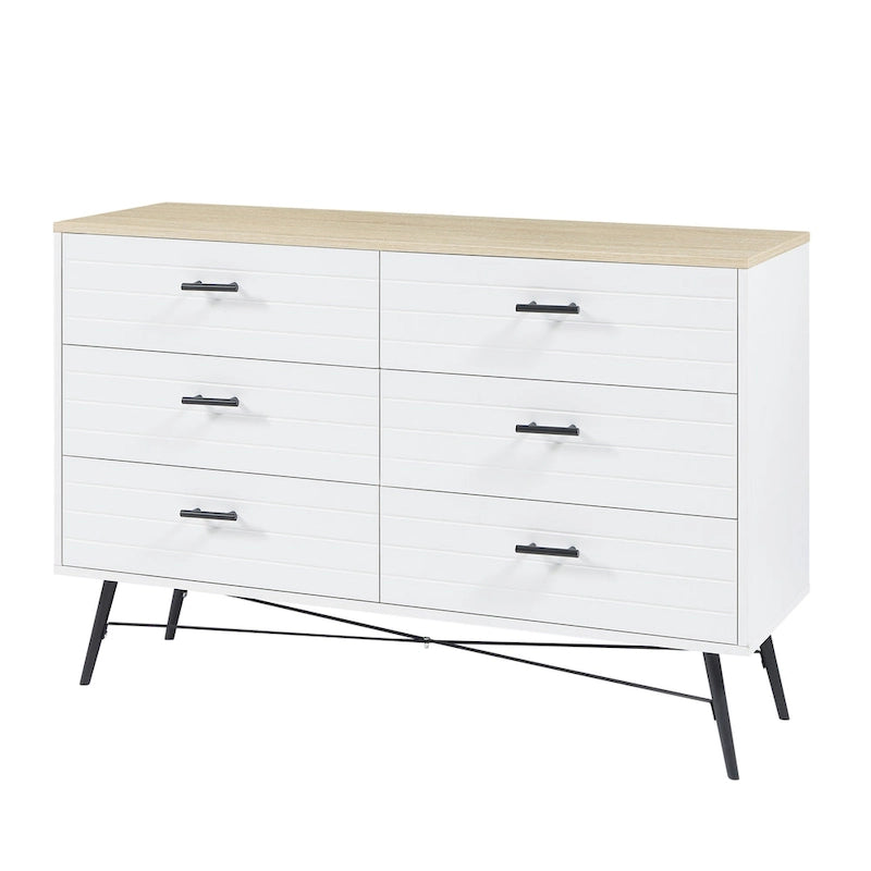 Walnut Brown / White + Light Oak 6-Drawer Dresser TV Stand, 1-Person