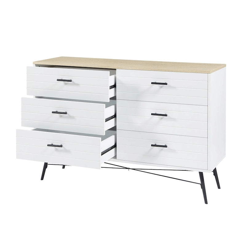 Walnut Brown / White + Light Oak 6-Drawer Dresser TV Stand, 1-Person